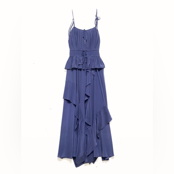 ULLA JOHNSON Livinia ruffled gathered silk midi dress in Indigo Blue 0 NWT 765$ - Picture 3 of 10